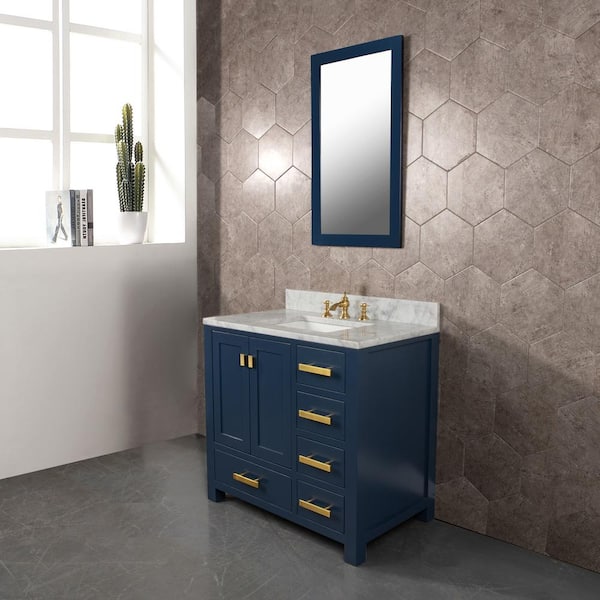 Water Creation Madison 36 in.W x 21.5 in.D x 34 in.H Single Sink Bath Vanity in Monarch Blue with Carrara White Marble Top and Mirror