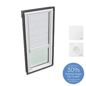 14-1/2 in. x 45-3/4 in. Fixed Deck Mount Skylight with Laminated Low-E3 Glass & White Solar Powered Room Darkening Blind