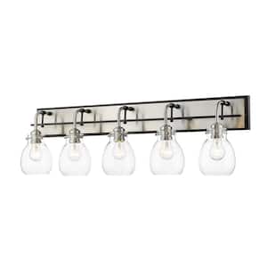 Kraken 38 in. 5-Light Matte Black and Brushed Nickel Vanity Light with Clear Glass Shade with No Bulbs Included