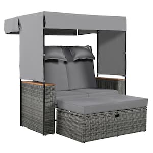 Grey 2-Piece Wicker Rattan Outdoor Patio Day Bed and Roof Set with Grey Cushions and Adjustable Backrest