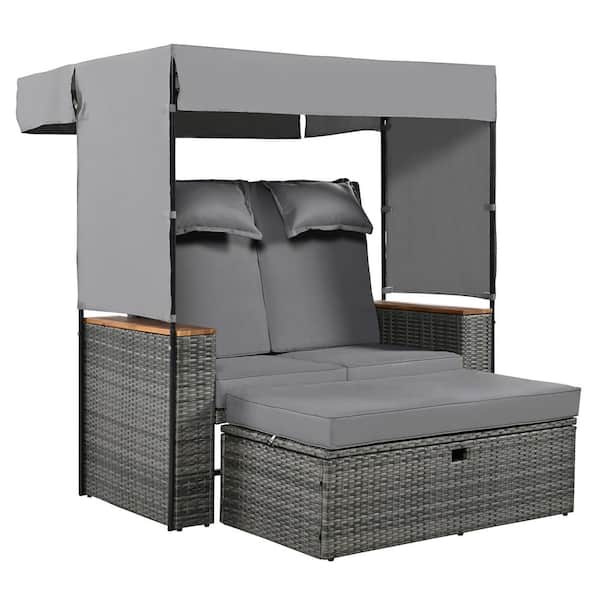 Boosicavelly Grey 2-Piece Wicker Rattan Outdoor Patio Day Bed and Roof Set with Grey Cushions and Adjustable Backrest