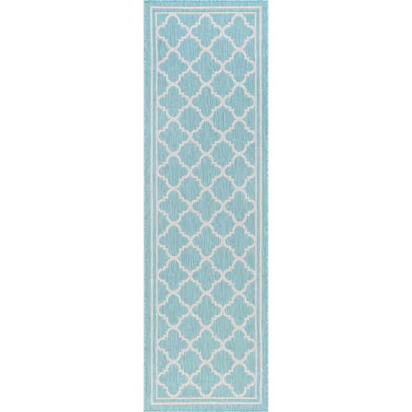 Eco Geometric Aqua 2 ft. x 8 ft. Indoor/Outdoor Runner Rug