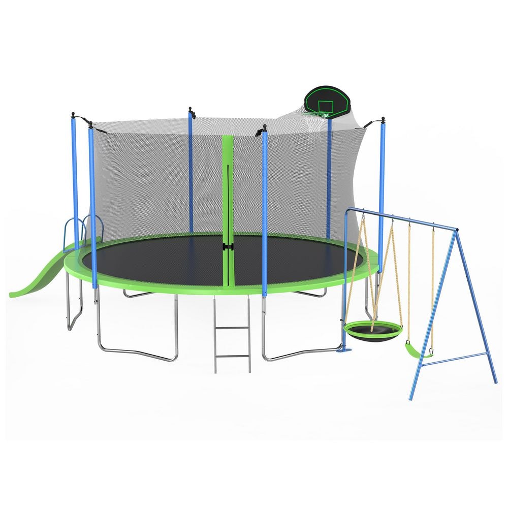 Green 12 ft. Trampoline with Basketball Hoop, Ladder, Net, Slide and Swings