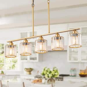 5-Light Gold Farmhouse Linear Hanging Pendant Light Modern/Contemporary Kitchen Island Light with Crystal Shade