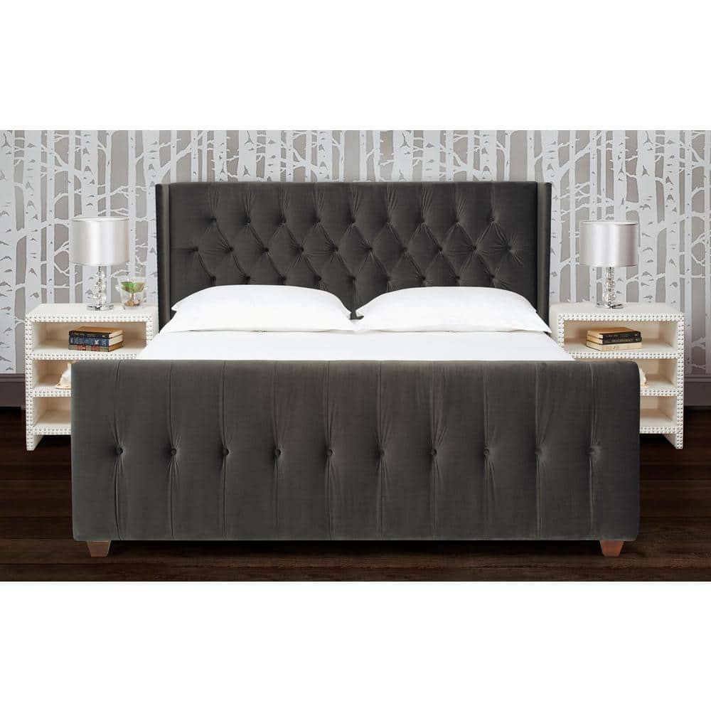 David King Pine Wood Upholstered Tufted Bed with Nailhead Trim