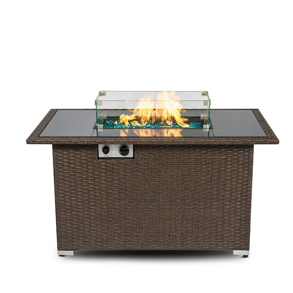 Utopia 4niture Jorass 44 in. Brown Rectangular Metal Fire Pit Table with Tempered Glass Tabletop and Blue Stone Steel Table Lid