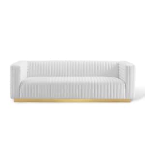 Charisma 36 in. White Channel Tufted Velvet 3-Seater Tuxedo Sofa with Square Arms