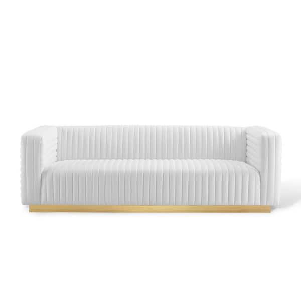 MODWAY Charisma 36 in. White Channel Tufted Velvet 3-Seater Tuxedo Sofa with Square Arms