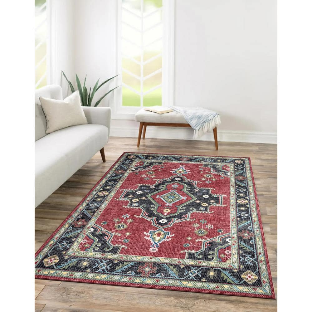 Heriz Medallion Red and Black Synthetic 5' x 7' Area Rug