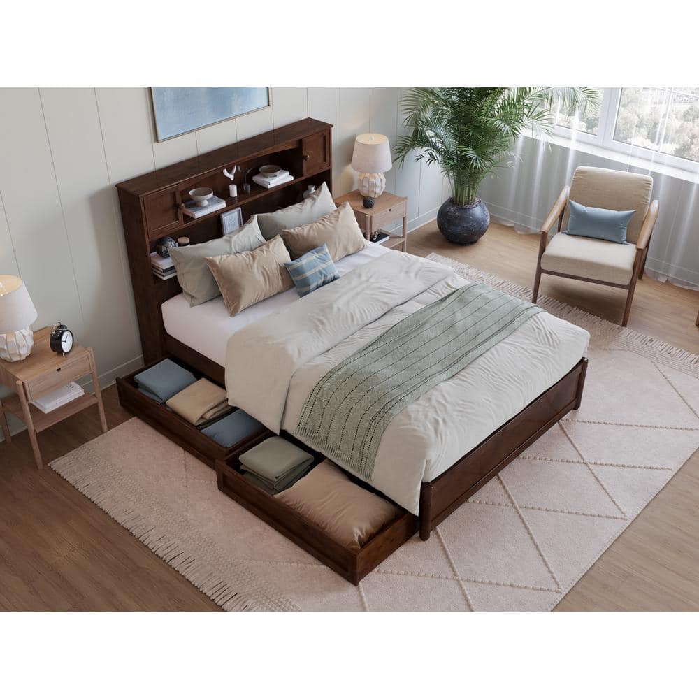 Walnut Full Wood Platform Bed with Storage Drawers and Headboard