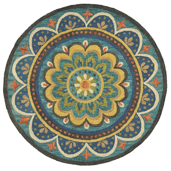 Unbranded Daliah Mandala Blue Multicolored 6 ft. x 6 ft. Round Geometric Indoor Area Rug
