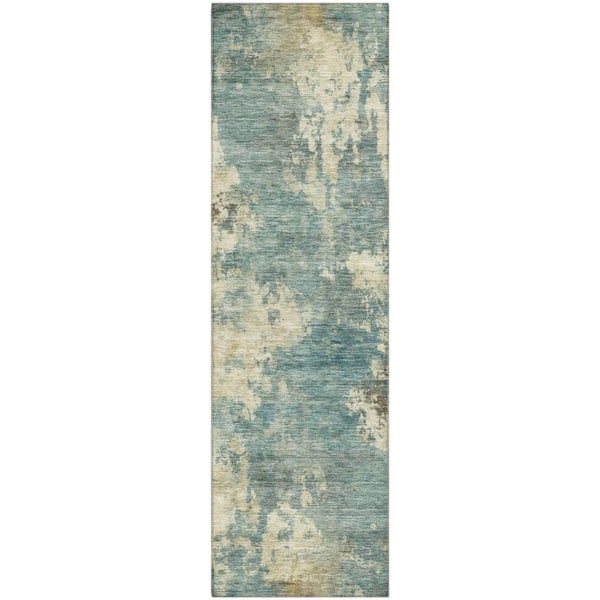 Mayfield Premium Machine Washable Abstract AMF2066 Teal 2 ft. x 7 ft. Runner Rug