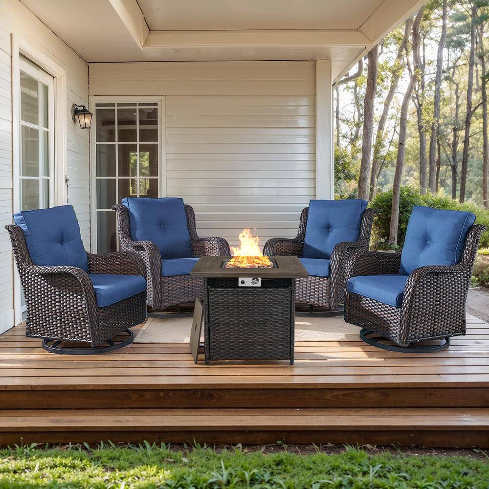 Arcline 5-Piece Brown Wicker Fire Pit Conversation Set with Olefin Blue Cushions and Swivel Glider Rocking Chairs price history on PriceWatchPro