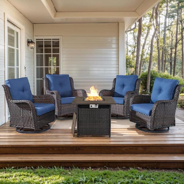 5-Piece Brown Wicker Fire Pit Conversation Set with Olefin Blue Cushions and Curved Arm Swivel Glider Rocking Chairs