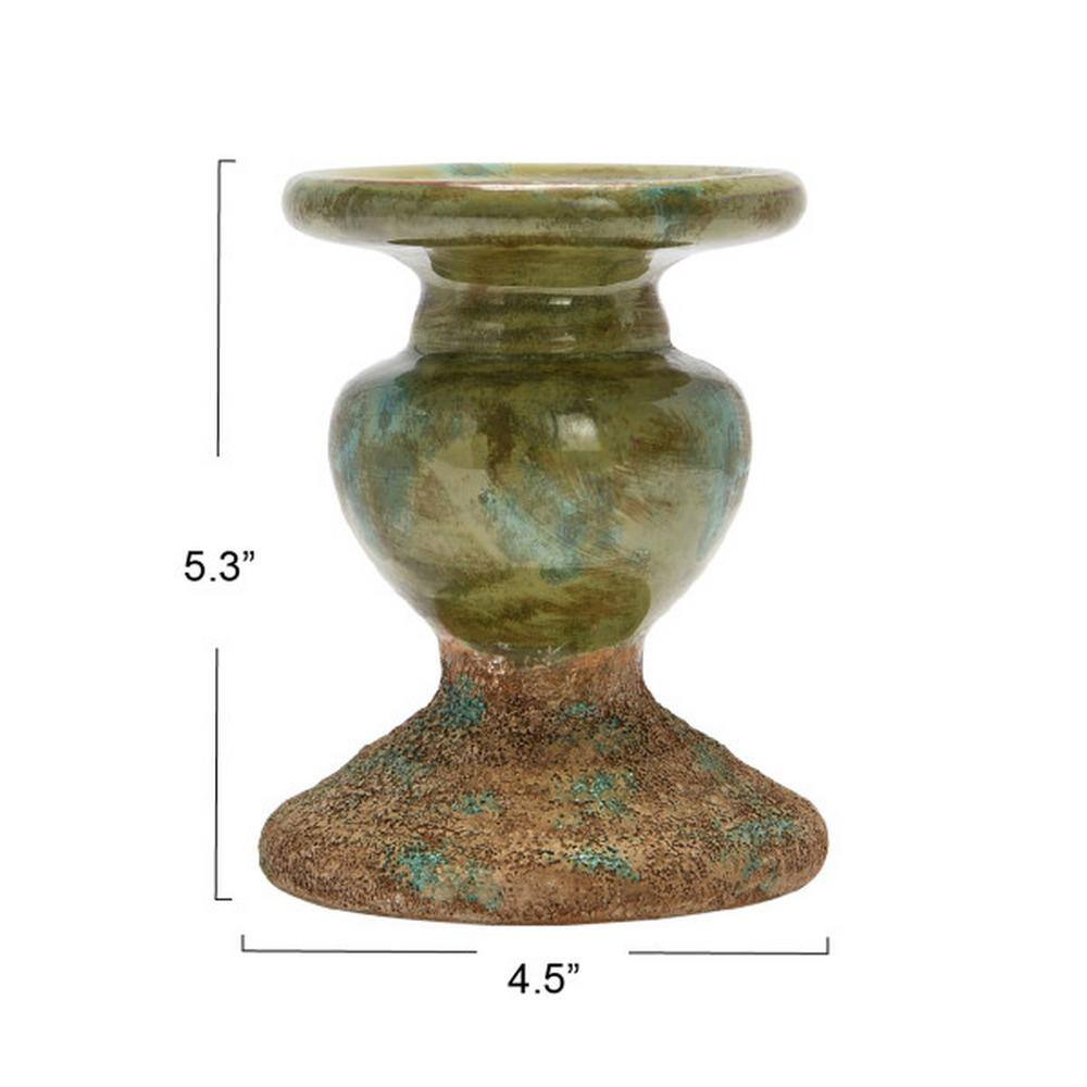 Distressed Green Ceramic Sculptural Pillar Candle Holder