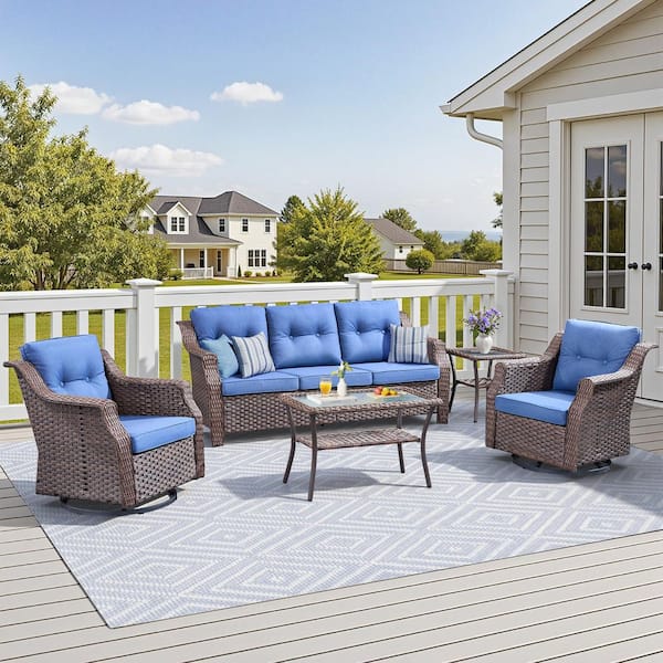 5-Piece Wicker Patio Conversation Set with Swivel Glider Chairs, Outdoor Sofa Seating Set with Blue Cushions