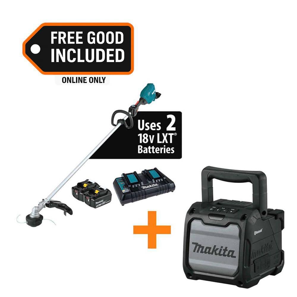 MAKITA LXT 18V X2 (36V) Lithium-Ion Brushless String Trimmer Kit (5. 0Ah) with 18V LXT /12V max CXT Bluetooth Job Site Speaker (XRU18PT-XRM08B)