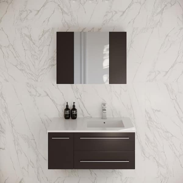 Lucera 36 in. Single Wall Mount Espresso Bath Vanity with White Quartz Top, Undermount Right Sink and Medicine Cabinet