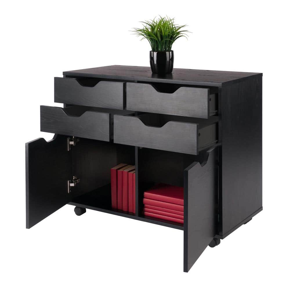 Contemporary Black Composite Wood Mobile Storage Cabinet with 4 Drawers