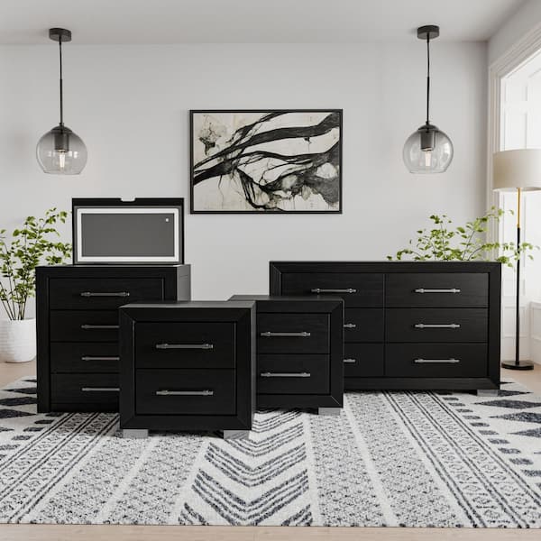 4-Piece Fairhart Black 2-Drawer 26 in. W Set of 2 Nightstands with Dresser and Convertible Vanity Set