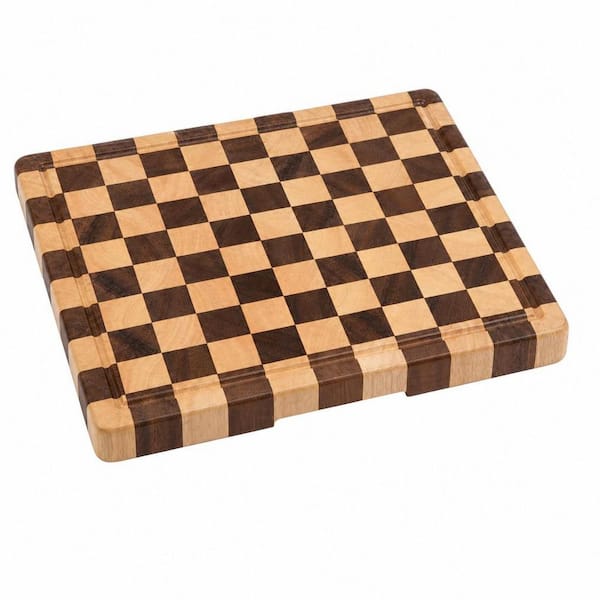 16.5 in. L x 11.6 in. W x 0.8 in. H Rectangular Checkered Wood Cutting Board with Juice Grooves and Handles for Kitchen