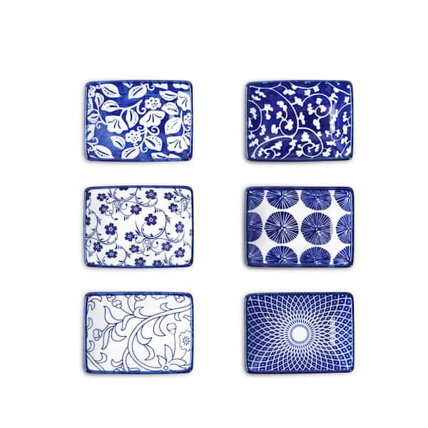 Blue Set of 6 Vintage Ceramic Soy Sauce Dishes, 3.75 in. Rectangular Dipping Bowls