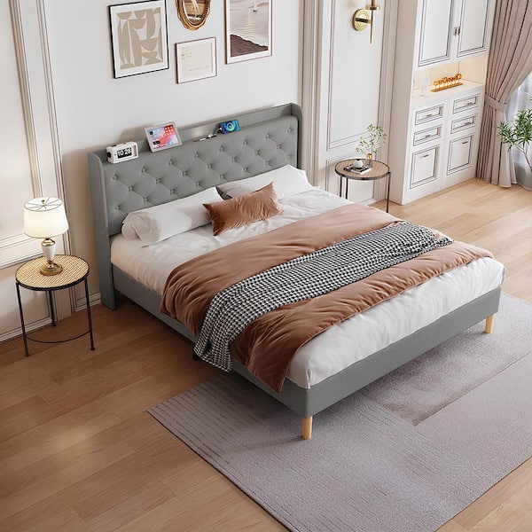 Harper & Bright Designs Dark Gray Wood Frame Queen Cotton and Linen Upholstered Platform Bed with LED, USB Port, Shelf and Tufted Headboard