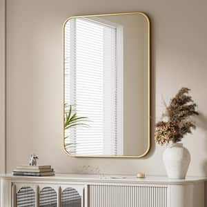 24 in. W x 35.8 in. H Rectangular Modern Aluminum Alloy Framed Rounded Gold Wall Mirror