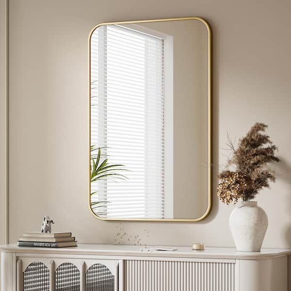 XRAMFY 24 in. W x 35.8 in. H Rectangular Modern Aluminum Alloy Framed Rounded Gold Wall Mirror