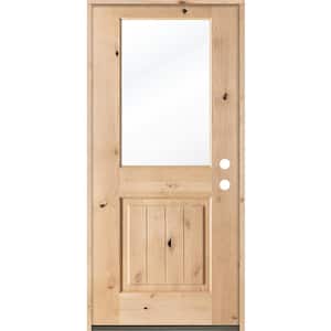 32 in. x 80 in. Rustic Half-Lite Clear Low-E IG Unfinished Wood Alder V-Grooved Left-Hand Inswing Prehung Front Door
