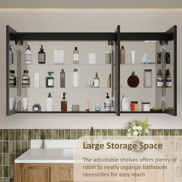 Amelia 60 in. W x 32 in. H Rectangular Aluminum Medicine Cabinet with Mirror, Adjustable Shelf, Dimmable Light, Anti-Fog