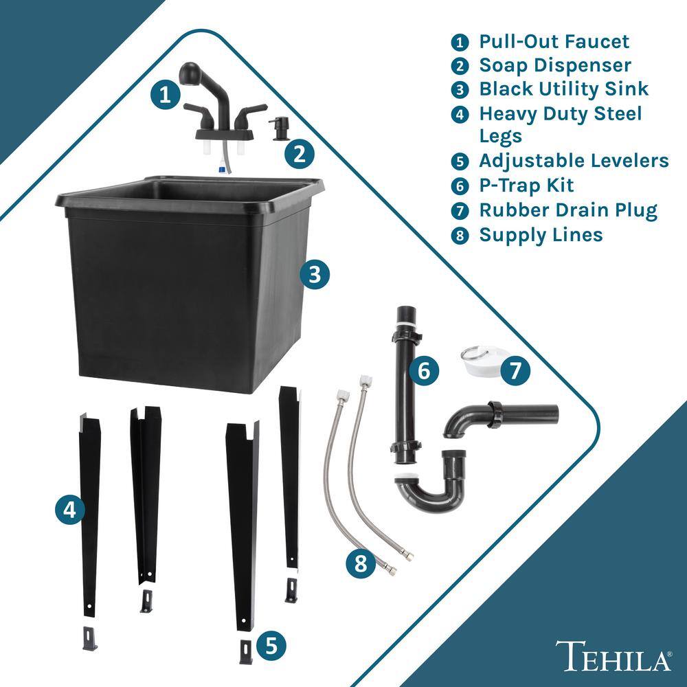 Black Freestanding Thermoplastic Utility Sink with Faucet for Laundry Room