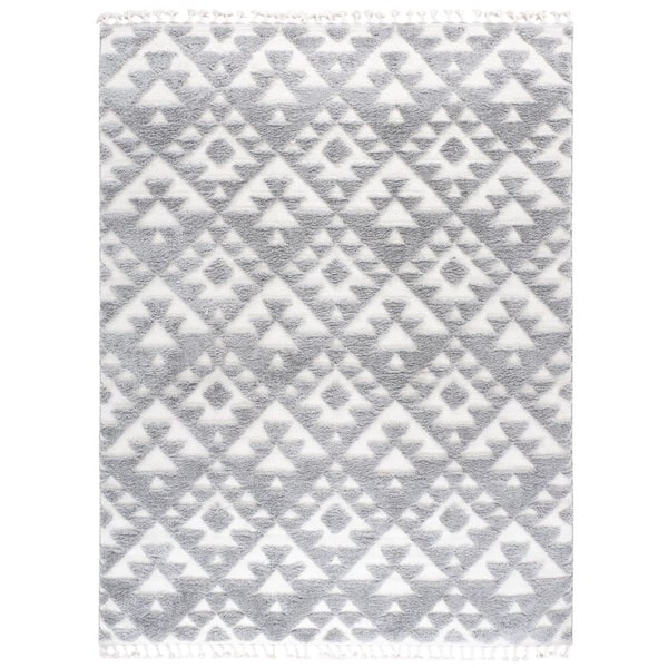Moroccan Tassel Shag 8 ft. x 10 ft. Gray/Ivory High-Low Geometric Fringe Area Rug