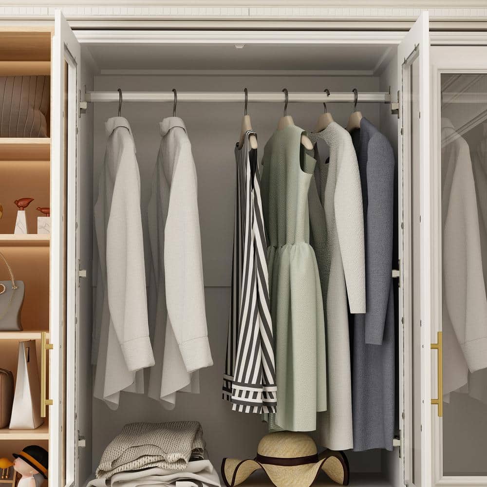 2-Combination White Wood 47.6 in. W 4-Door Big Armoires with 2-Hanging Rods, 3-Drawers, Shelves 74.8 in. H x 19.3 in. D - thumbnail 8