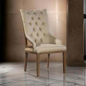 Beige and Brown Linen Tufted Back Dining Chair