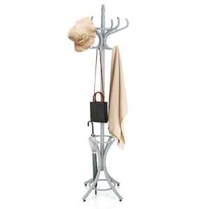 Gray Wooden Standing Coat Rack Tree with 12 Hooks and Umbrella Stand