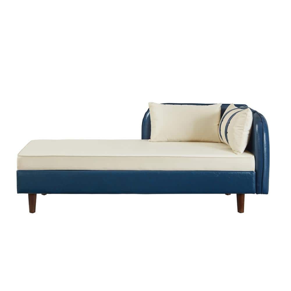 Navy Blue PU and Beige Velvet Storage Chaise Lounge with Solid Wood Frame, Armless Chaise Lounge