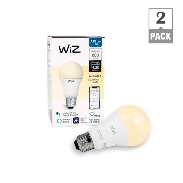 WiZ 60W Equivalent A19 Dimmable White Wi-Fi Connected Smart LED Light Bulb, 2700K (2-Pack)