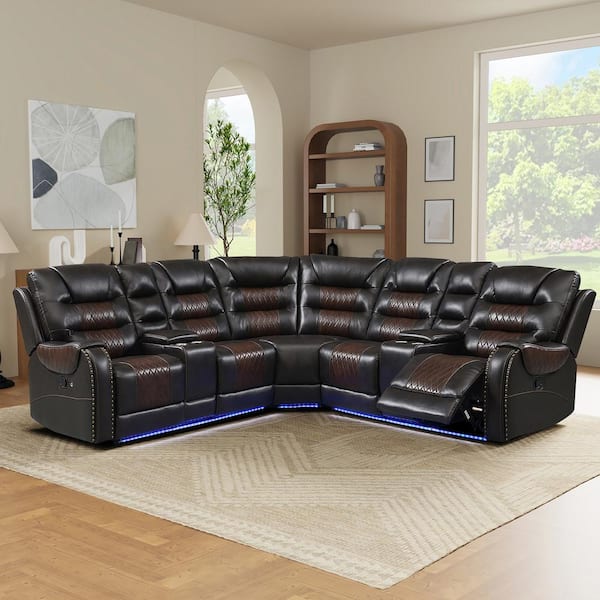 Harper Bright Designs 112.2 in. Faux Leather Symmetrical Reclining Sectional Sofa in Brown with LED Light 4 Cup Holders Storage Boxes CJ113AAD The Home Depot