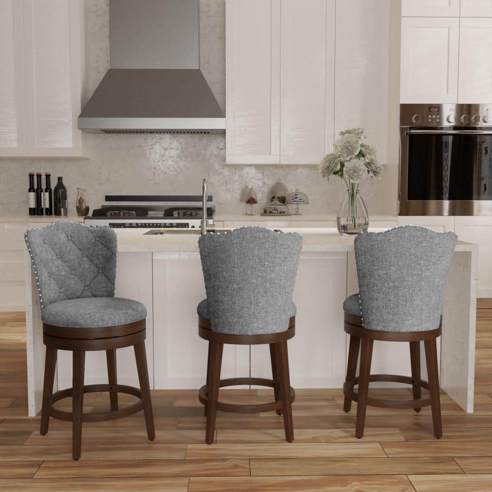 Gray Button-Tufted Wood Swivel Counter Stool