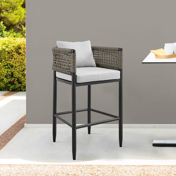 Armen Living Alegria Counter Height Aluminum Outdoor Bar Stool with Gray Cushions