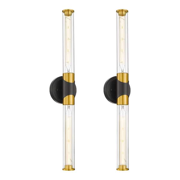 JAZAVA Modern 27 in. 2 Light Black and Gold Vanity Light with Glass Shade 2PK