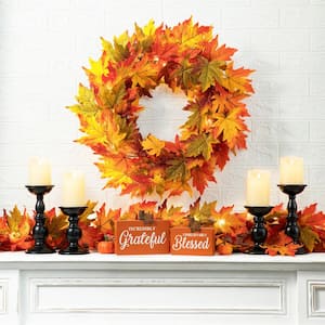 24 in. Dia Fall Lighted Maple Leaves Artificial Fall Wreath