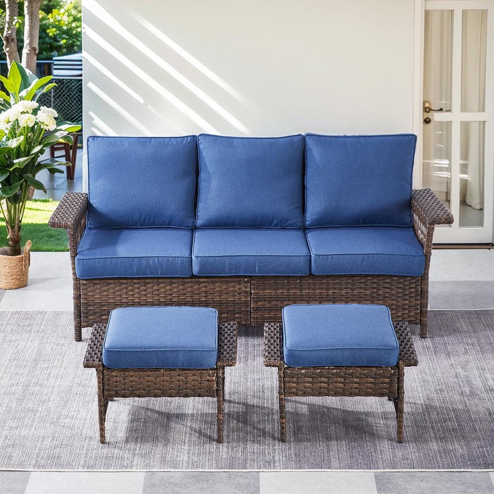 Gymojoy StLouis Brown 3-Piece Wicker Outdoor Couch with Ottoman with ...