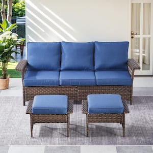 StLouis Brown 3-Piece Wicker Outdoor Couch with Ottoman with Blue Cushions