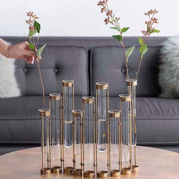 13.8 in. Bronze Metal Bottle Vase Transprent Glass Vase Test Tube