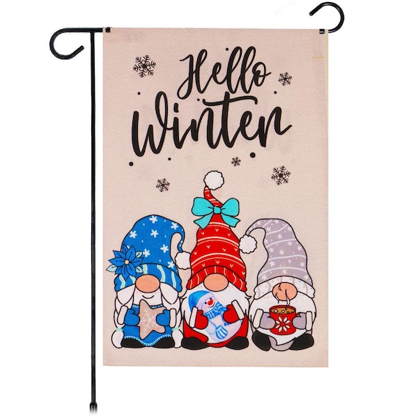 G128 1 ft. x 1.5 ft. Burlap Hello Winter 3- Cozy Gnomes 2-Sided Garden Flag Printed Burlap