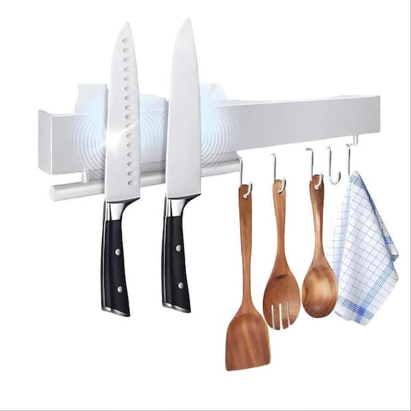 4-Knife 12 in. Stainless Steel Magnetic Knife Bar with 5-Hooks, No Drill Magnetic Knife Holder for Wall