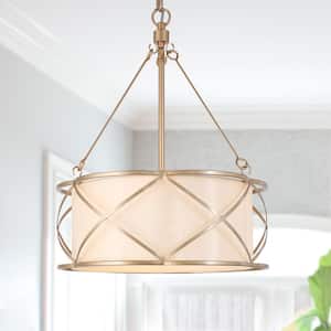 Gold Drum Bedroom Chandelier, 3-Light Modern Farmhouse Cage Chandelier Pendant Light with Fabric Shades