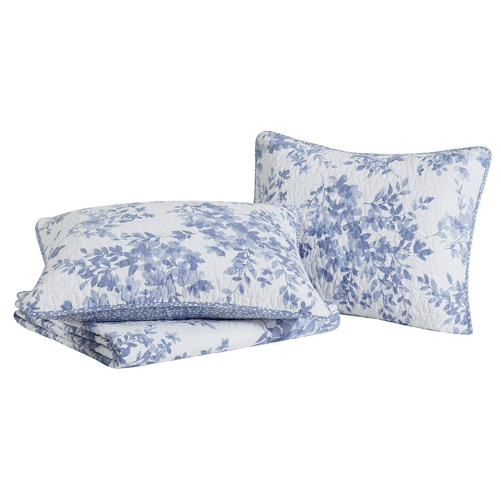 Philomena Twin White and Blue Reversible Cotton Quilt Set